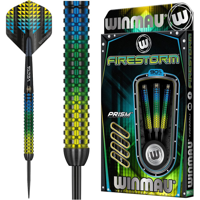 Дротики для дартсу WINMAU Firestorm, професійні, вольфрамові, 23 г, з оперенням і стержнями, стілтіп