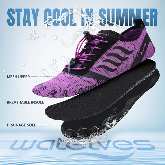 Взуття для плавання та фітнесу WateLves: зручні аквашузи з широкою носовою коробкою (фіолетовий, 38 EU)