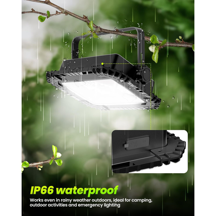 LED прожектор на акумуляторі CLV 200W, 20000mAh, IP66, вологостійкий, 4 режими, 2 рівні яскравості, USB, сонячна панель, для кемпінгу, будівництва, аварійне освітлення (чорний)