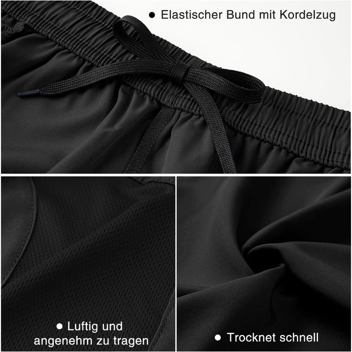 Шорти спортивні чоловічі HMIYA, чорні, швидковисихаючі з кишенею на блискавці