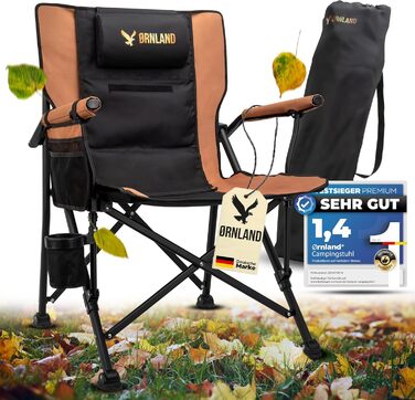 Складний туристичний стілець Ørnland для кемпінгу, риболовлі та пляжу - чорний/коричневий, до 150 кг, з кишенькою та підстаканником