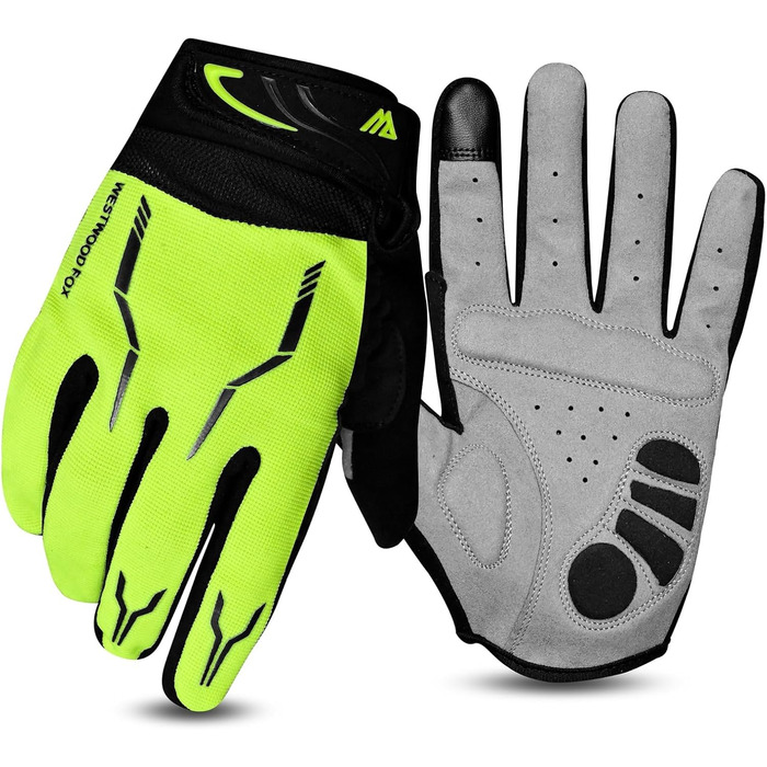 Велосипедні рукавички WESTWOOD FOX WFX для гірського велосипеда (MTB) з повним пальцем, сенсорний екран, антиковзаючі, з підкладкою, для жінок та чоловіків (XL, неоновий зелений)