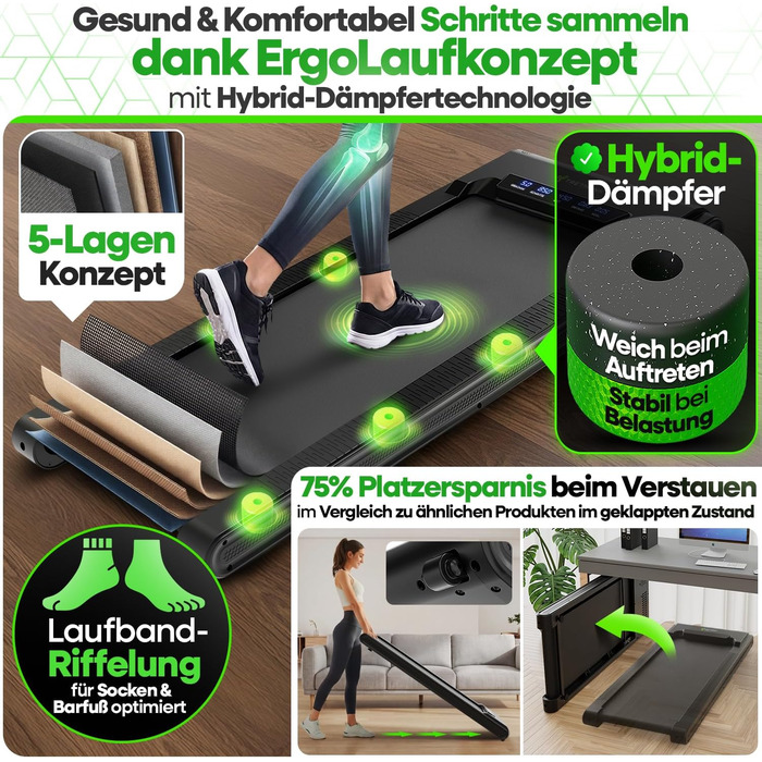 Бігова доріжка Walking Pad Tretmann з нахилом, складана – тиха, до 150 кг, з додатком, EMS-фільтром, для дому, чорна