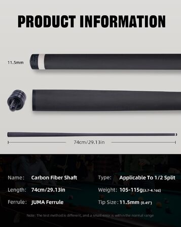 Карбоновий шафт для більярдного кия KONLLEN BlackShaft Radial 11.5 мм, Low Deflection, Pro-Taper, поміранчева накладка, з'єднання 3/8×8 або Uni-Loc, 74 см