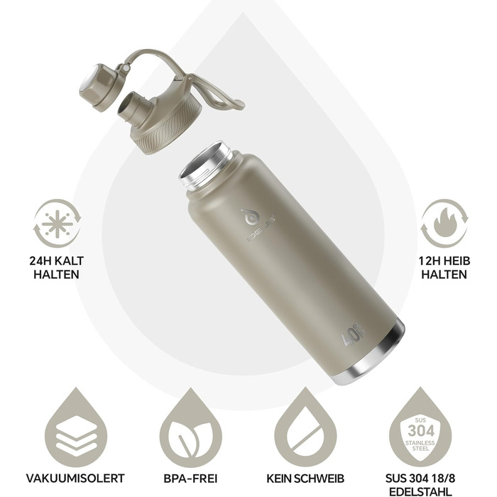 Вакуумна пляшка для води IDEUS 1140 мл, нержавіюча сталь, подвійні стінки, спортивна фляга з герметичною кришкою, колір селадон