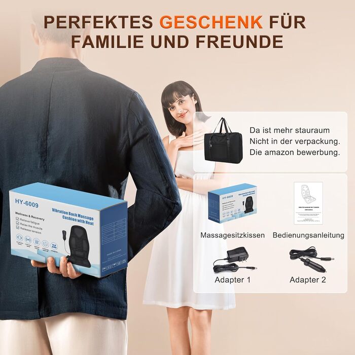 Масажна подушка з підігрівом та 8 вібраційних моторів для спини та шиї, для дому та офісу, чорна