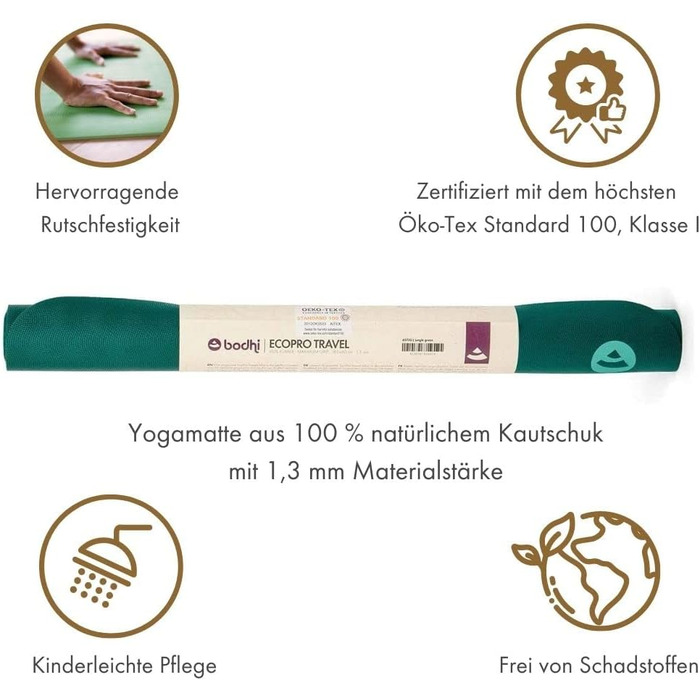 Йога-мат Bodhi ECO PRO Travel 100% натуральний каучук, надлегкий, складаний, антиковзкий, екологічний, професійний, для йоги та пілатесу, 185x60x0,13 см, зелений