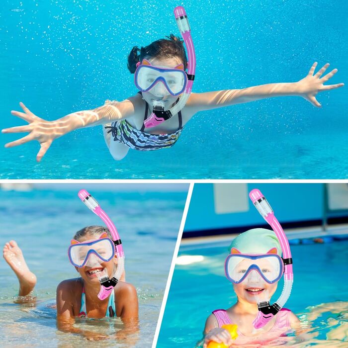 Дитяча маска для снорклінгу та плавання, 4-16 років, комплект, панорама 180°, сухий сноркель, рожева