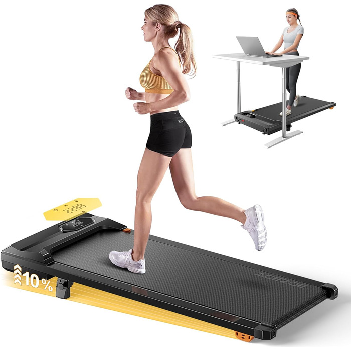 Бігова доріжка для дому, Walking Pad з нахилом до 10%, швидкість 1-6 км/год, тихий 2.5HP мотор, керування через додаток, LED-дисплей, вантажопідйомність до 130 кг, компактний, потрійна амортизація, бігова доріжка для дому/офісу, жовтий
