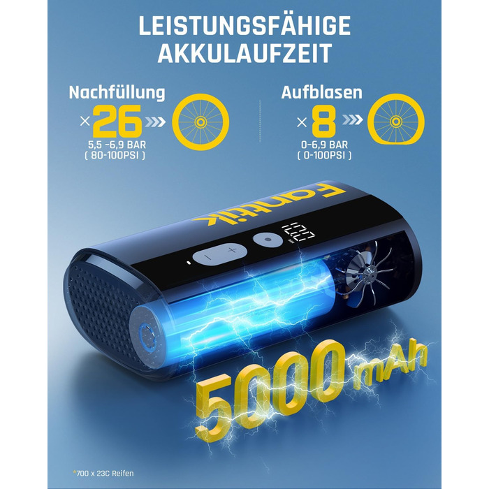 Електрична велосипедна помпа Fanttik X9 Ace Mini, акумуляторна, 150 PSI, швидке накачування, для Presta і Schrader вентилів, підходить для шосейних, гірських, електровелосипедів та міських велосипедів