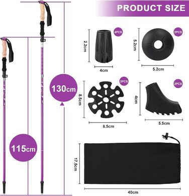 Телескопічні палиці для скандинавської ходьби та трекінгу, складані алюмінієві палиці для ходьби 115-135 см з гумовими наконечниками, унісекс