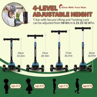 Дитячий трюковий самокат Besrey з великими колесами, світлодіодними ліхтарями та регульованою висотою для дітей 3-8 років, темно-зелений