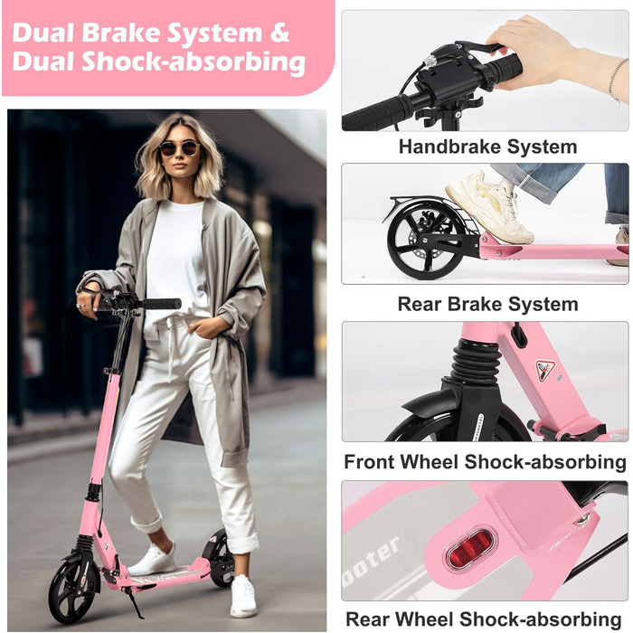 Дитячий складаний самокат з великими колесами 200 мм, гальма дискові, регульована висота, для дітей 8-15 років (Рожевий)