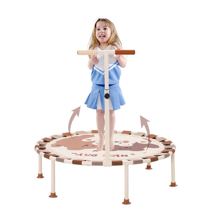 Батут дитячий для дому та саду Ø101 см з регульованою ручкою та пружинним ременем, батут для фітнесу для хлопчиків та дівчаток від 3 років, до 80 кг, бежевий