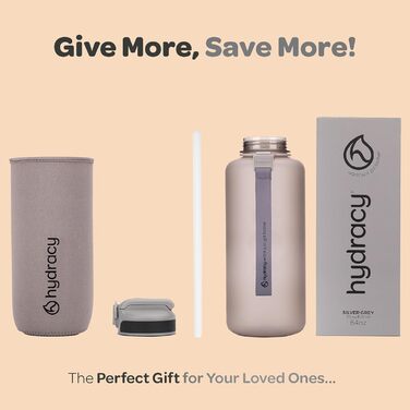Гідраційна пляшка для води 2 л зі соломинкою та мітками часу, BPA-free, не протікає, для спорту та активного відпочинку, сріблясто-сіра Hydracy