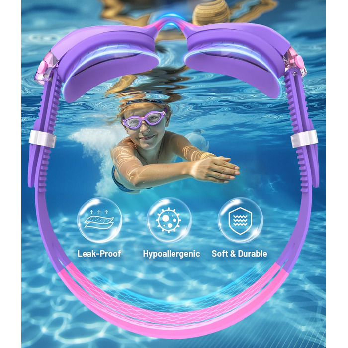 Дитячі окуляри для плавання Schwimmbrille - маска для хлопчиків та дівчаток з UV-захистом та антифогом, водонепроникні, прозорі лінзи, для дітей 6-14 років (Ліловий колір)