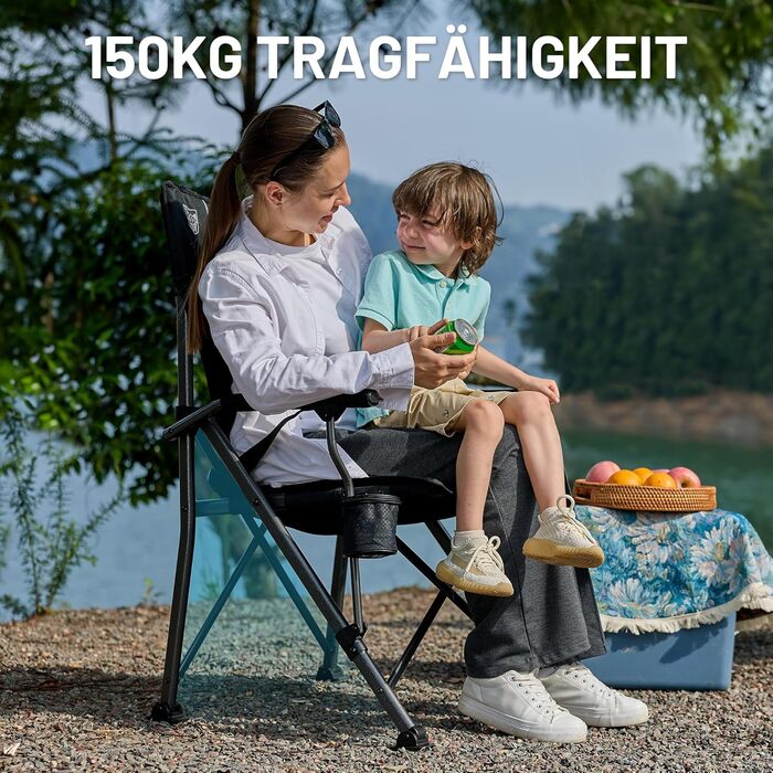 Крісло для кемпінгу Timber Ridge складне 150 кг, висока спинка, портативне, з підстаканником, для риболовлі, пікніків, саду, балкону та спортивних заходів (Чорний, підтримка попереку)
