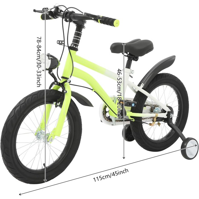 Дитячий велосипед 16 дюймів для дітей 5-8 років, регульована висота, з додатковими колесами та LED-ліхтариком (жовтий)