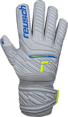 Воротарські рукавички Reusch Attrakt Finger Support для дорослих, з зовнішнім швом і захистом пальців, універсальні для всіх типів футбольних полів, сірі-блакитні-жовті, розмір 10