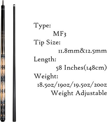 Moyerely: Професійний кий для більярду з карбону, 11.8 мм/12.5 мм, низька дефлекція, з кейсом MF3