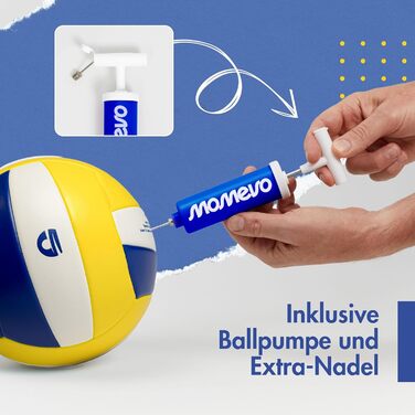 М'яч для волейболу Momevo на пляж, розмір 5, сертифікований DVV, м'яка поверхня, ідеальний для пляжного та пісочного спорту, у подарунчому наборі з насосом (блакитно-біло-жовтий)