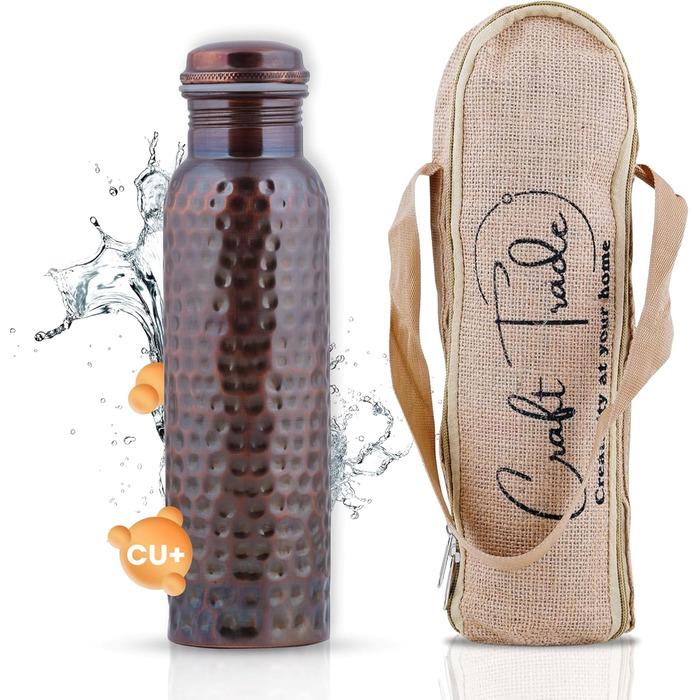 Фляга для води з міді, 1000 мл, античний дизайн, з кришкою та сумкою. Ідеально для офісу та йоги. (1 шт.)