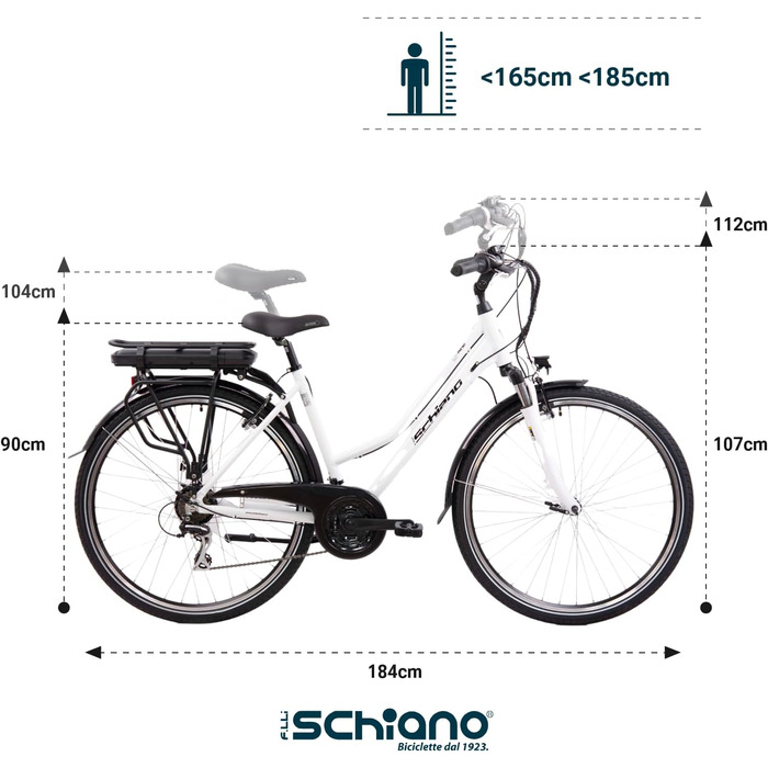 Електровелосипед F.lli Schiano E-Ride 28'' для трекінгу, знімний акумулятор 36В 10.4А·год, мотор 250Вт 40Нм, для чоловіків і жінок, білий
