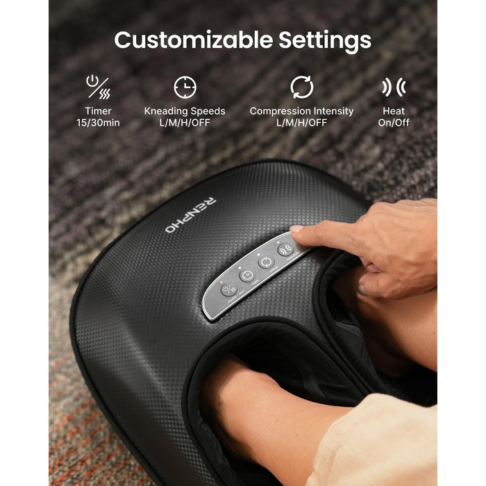 Масажер для ніг RENPHO з підігрівом, 3 режими та рівні компресії повітрям, Shiatsu масаж для всієї стопи при п'ятковому фасціїті, PU-шкіра, подарунок на Різдво для жінок та чоловіків, розмір до 47, чорний
