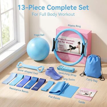 Набір для пілатесу та йоги для жінок-початківців Home Pilates & Yoga Starter Kit (22,9 см м'яч, гумові стрічки, кільце для пілатесу, ремені на щиколотки) - синій