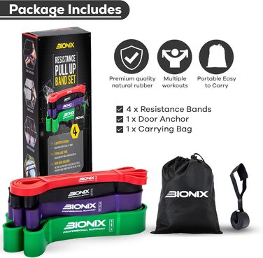 Еластичні стрічки Bionix для фітнесу: комплекс для силових тренувань, йоги, кросфіту, чоловіків та жінок. Різні рівні опору, чорний, червоний, зелений, фіолетовий