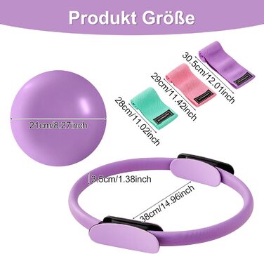 Комплект для пілатесу Magic Circle 14 дюймів з подвійним покриттям ручок, 3 еластичні стрічки (20/30/45 lbs), неслизький міні-м'яч, інструкція та сумка (фіолетовий)