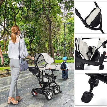 Триколісний велосипед 4-в-1 для дітей від 1 року з батьківською ручкою – дитячий триколіс для 1-4 роки до 25 кг, регульована батьківська ручка, поворотне сидіння, складаний навіс та кошик – компактний та безпечний (світло-сірий)