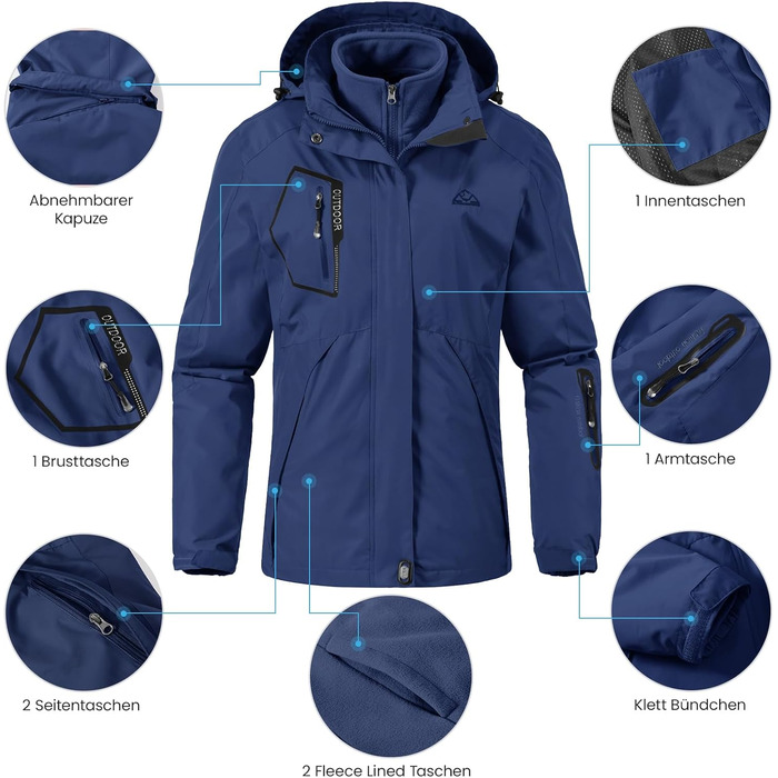 Жіноча зимова куртка 3-в-1 з флісовою підкладкою та водонепроникною вітрозахисною курткою, знімний капюшон (Синій, XXL)