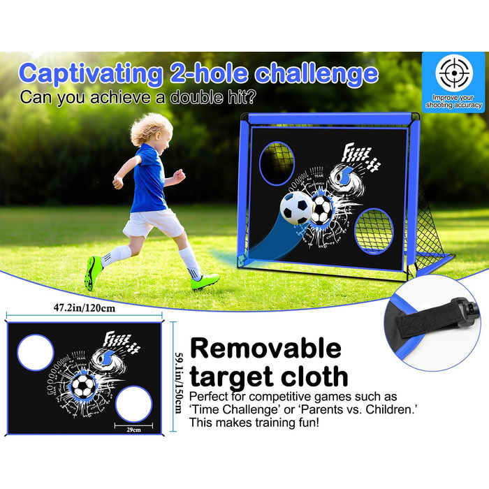 Дитячі ворота для футболу, 2-в-1 Pop-Up ворота, розкладні для саду, з сумкою та 4 кілочками (150x120 см, блакитні)