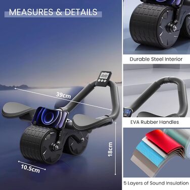 Ролик для ABS з автоматичним поверненням. Колесо для пресу. Набір для домашніх тренувань з наколінниками та секундоміром. Спорт для початківців вдома