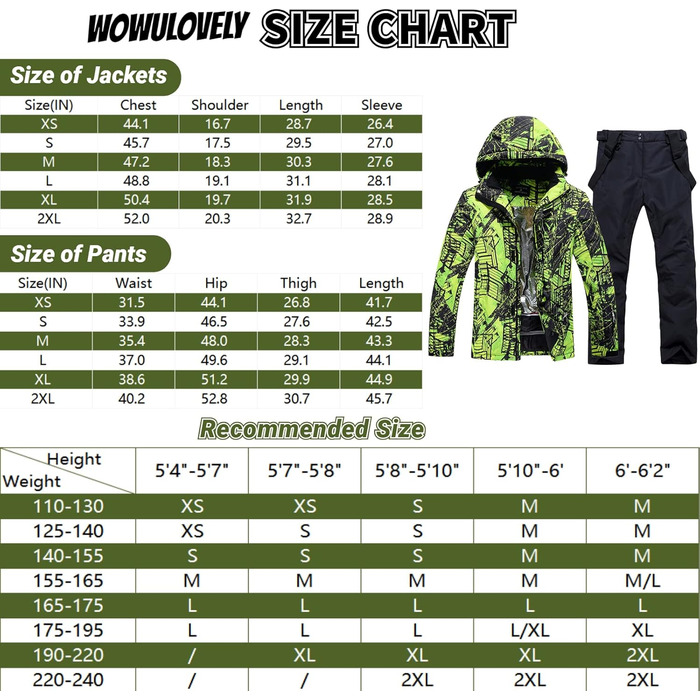 WOWULOVELY Зимовий комбінезон для чоловіків, водонепроникний, вітронепроникний, комплект куртки та штанів, ізольований, для сноуборду та катання на лижах, XXL, колір зелений
