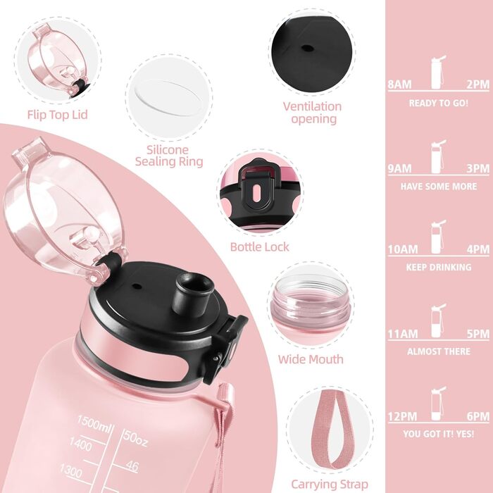 Фляга для води HoneyHolly 1л з фільтром, з маркуванням часу, для спорту, вело, йоги, активного відпочинку (чорний & червоний)