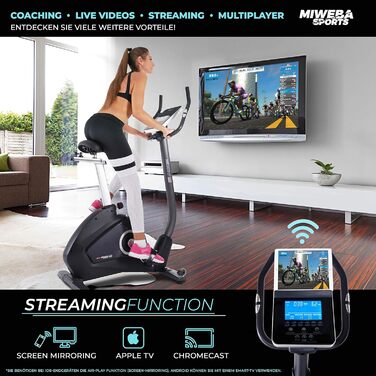 Велотренажер Miweba Sports ME500 з магнітним опором, 14 кг маховик, 150 кг навантаження, керування через додаток, LCD-дисплей, пульсометр, для дому, чорний