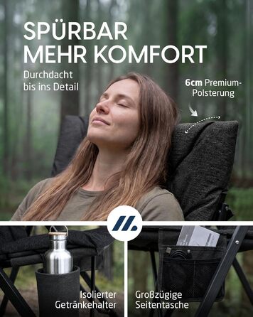 Розкладне крісло для кемпінгу NORDMUT Premium з високою спинкою, регульоване (4 позиції), посилений садовий стілець для відпочинку на відкритому повітрі, навантаження до 140 кг, Антрацит