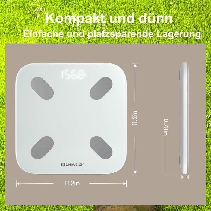 UNIWEIGH Розумна вага для вимірювання ваги тіла, Bluetooth вага для аналізу складу тіла, BMI, жир, м'язи, білок, максимальне навантаження 180 кг