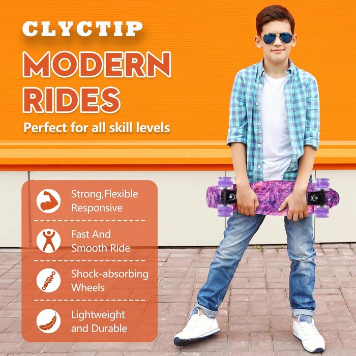 Скейтборд CLYCTIP 22 дюйми, міні круїзер з підсвічуванням, підшипники ABEC-11, для дітей та початківців (фіолетовий)