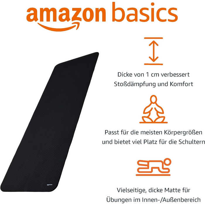 Йога-мат Amazon Basics, нековзкий, товстий, для пілатесу та гімнастики, 183x61x1 см, чорний