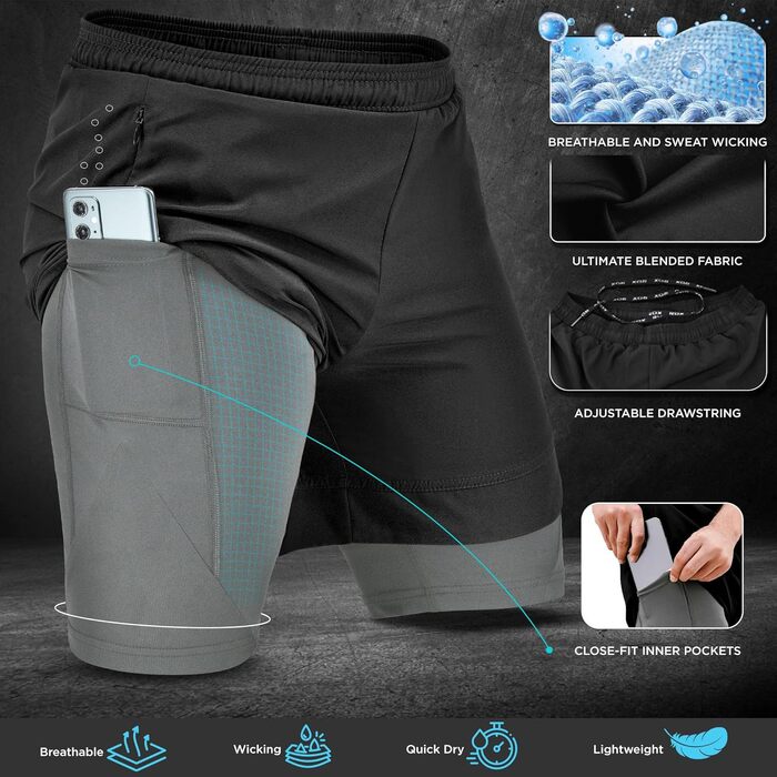 Шорти чоловічі RDX 2-в-1 для бігу та тренувань, компресійні, з кишенями на блискавках (чорний, M)