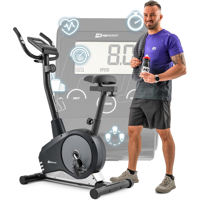Велотренажер Hop-Sport Spark для дому, 8 рівнів навантаження, 9 кг маховик, пульсометр, комп'ютер, до 120 кг, сріблястий