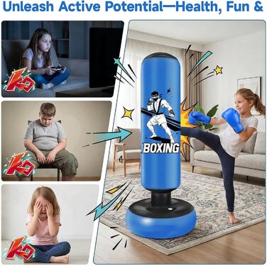 Боксерський мішок надувний для дітей 168 см з рукавичками та насосом, блакитний, з мотивом бійця, для дому, 5-12 років, для Karate та Taekwondo