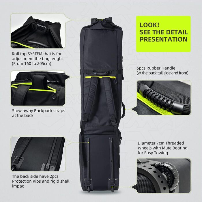 Сумка для сноуборда XCMAN з колесами та регульованою довжиною, водонепроникна, з захисними ребрами