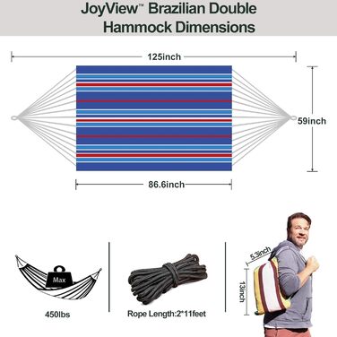 Гамак подвійний JoyView бразильський, бавовняний, 220x150 см, синій смугастий, до 204 кг, для тераси, саду, відпочинку