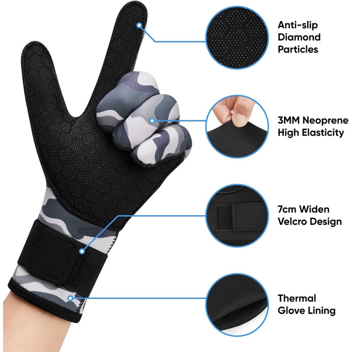 Перчатки з неопрену Goosehi для чоловіків та жінок, 3 мм, для дайвінгу, снорклінгу, падолу, серфінгу, каякінгу (Камуфляж, S)