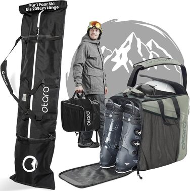 Набір для перевезення лиж та черевиків Otaro: містка сумка для 1-2 пар лиж, водонепроникна, міцна, з регулюванням довжини, з м'яким плечовим ременем, зелена (світло-сіра)