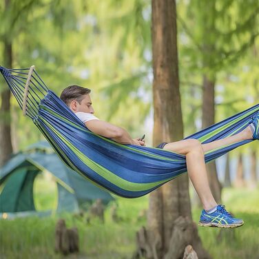 Гамак Nakeey подвійний 280 x 150 см, для відпочинку на природі, кемпінгу та туризму, легкий та дихаючий, вантажопідйомність до 300 кг, блакитний з смугами